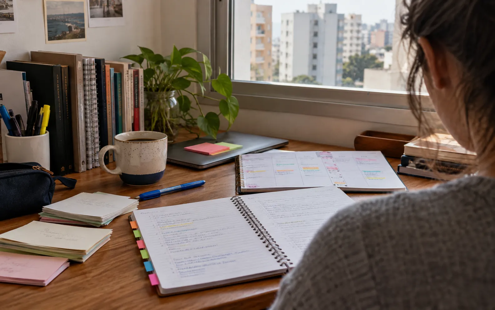 Caderno, agenda e cartões de revisão para um plano de estudos da certificação CPA