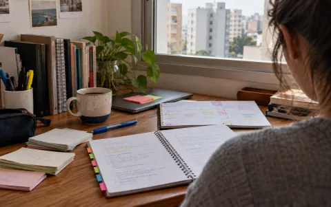 Caderno, agenda e cartões de revisão para um plano de estudos da certificação CPA