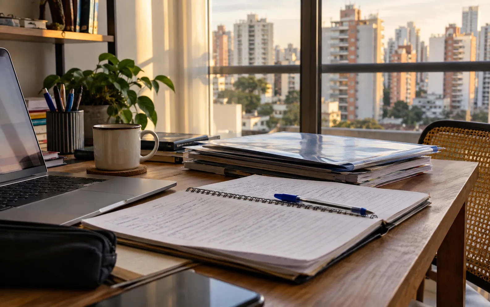 Mesa de estudos com caderno e materiais de preparação para as certificações ANBIMA