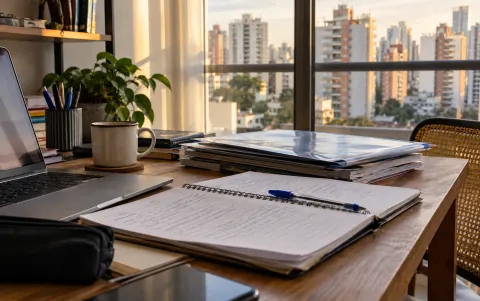 Mesa de estudos com caderno e materiais de preparação para as certificações ANBIMA
