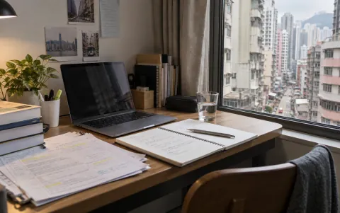 Study desk with laptop and notes for HKSI LE Paper 1 in Hong Kong