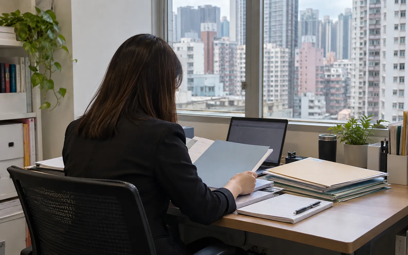 Financial professional reviewing study folders for Hong Kong licensing examinations