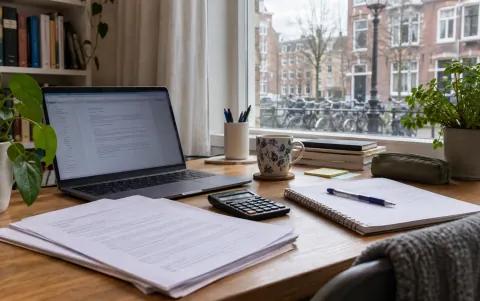 Voorbereiding op het Wft Basis examen met laptop, notitieboek en rekenmachine